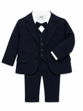 Completo elegante Aletta da bambino blu navy con giacca, gilet, camicia bianca, papillon e pantalone lungo