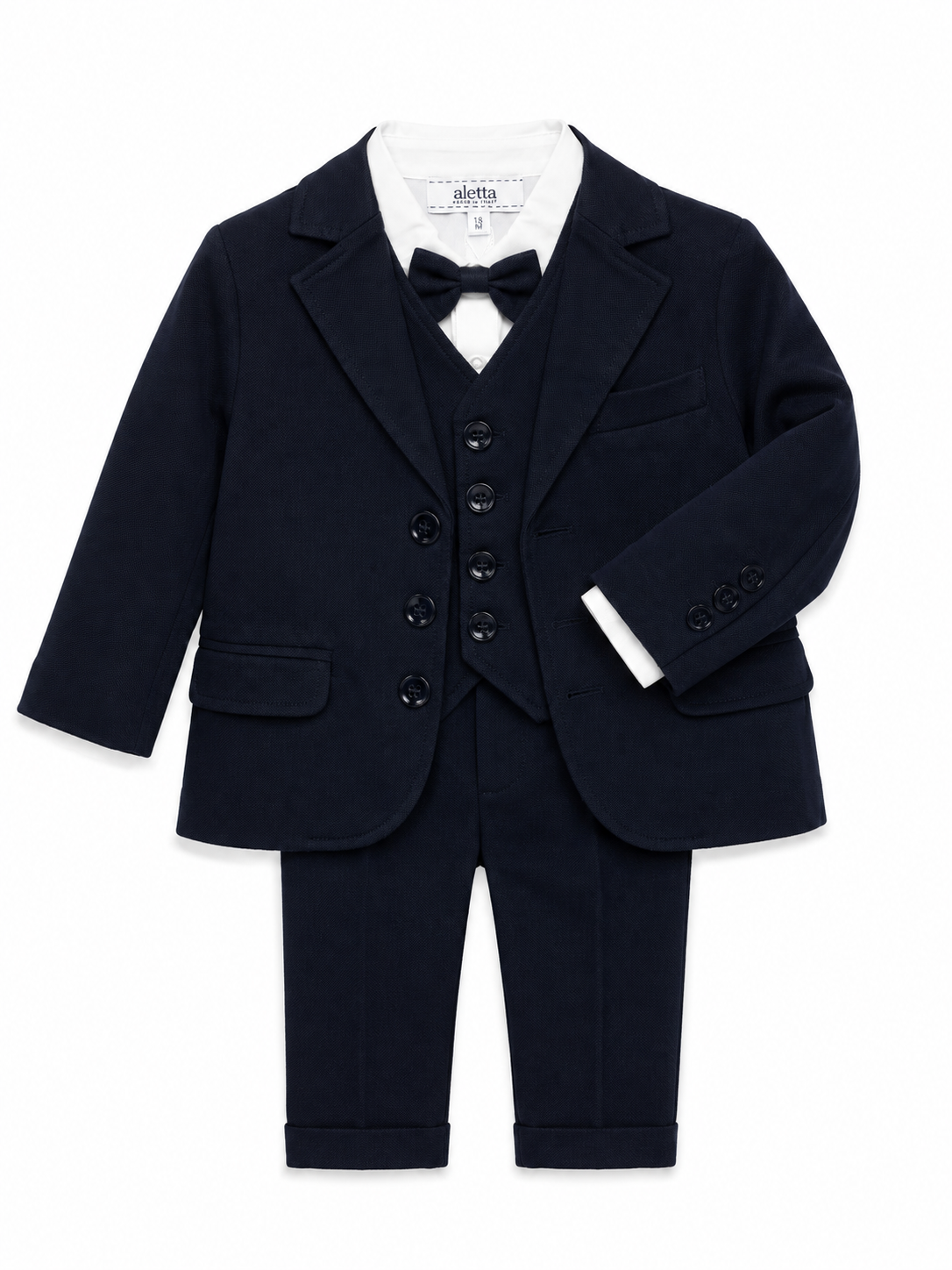 Completo elegante Aletta da bambino blu navy con giacca, gilet, camicia bianca, papillon e pantalone lungo