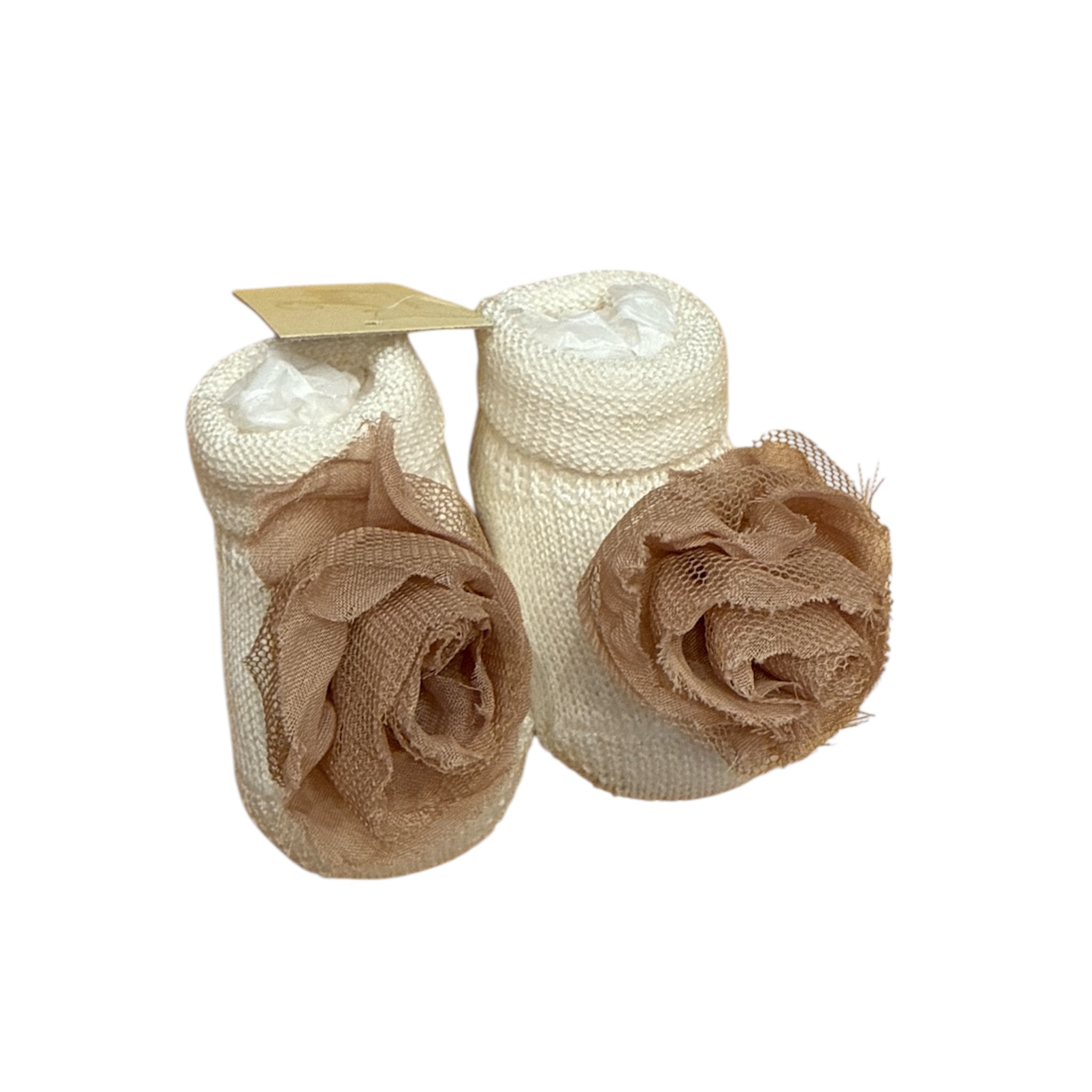 Calzini Scarpine Neonato in Maglia Panna con Fiore Beige Ivory