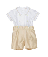 Pagliaccetto Le Bebé da neonato bianco e beige con effetto camicia e pantaloncino