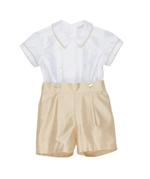Pagliaccetto Le Bebé da neonato bianco e beige con effetto camicia e pantaloncino
