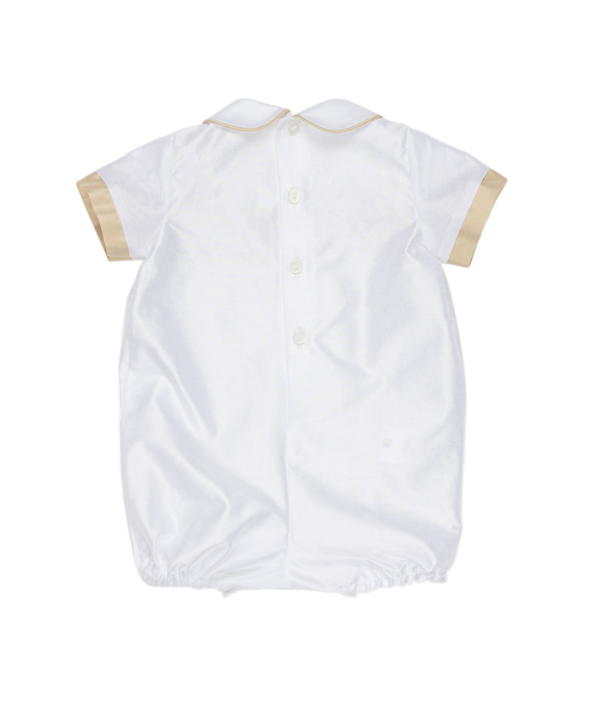 Pagliaccetto Neonato Bianco con Ricamo Smock e Dettagli Beige – Le Bebé