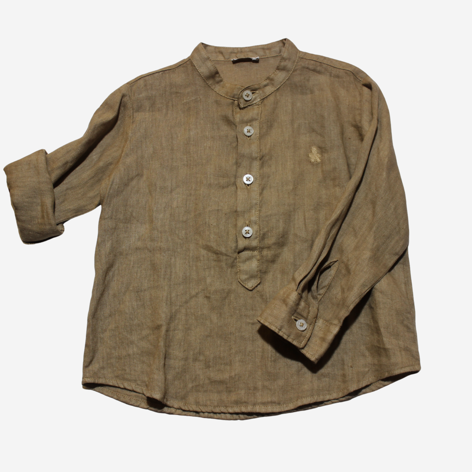 Camicia - Le Bebè in Lino Marrone con Collo Coreana