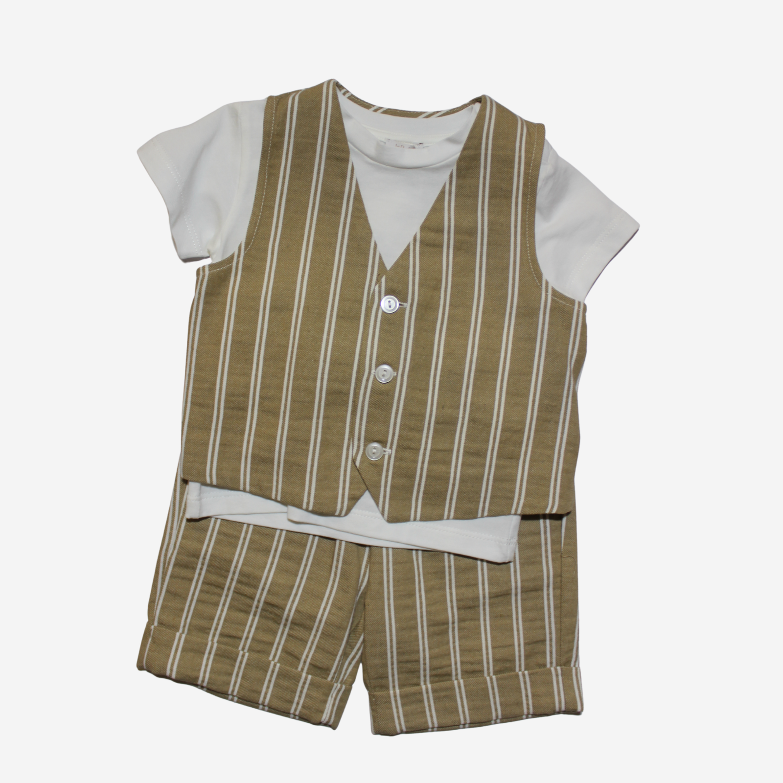 Completo - Le Bebè Cuoio Rigato con Gilet e Bermuda