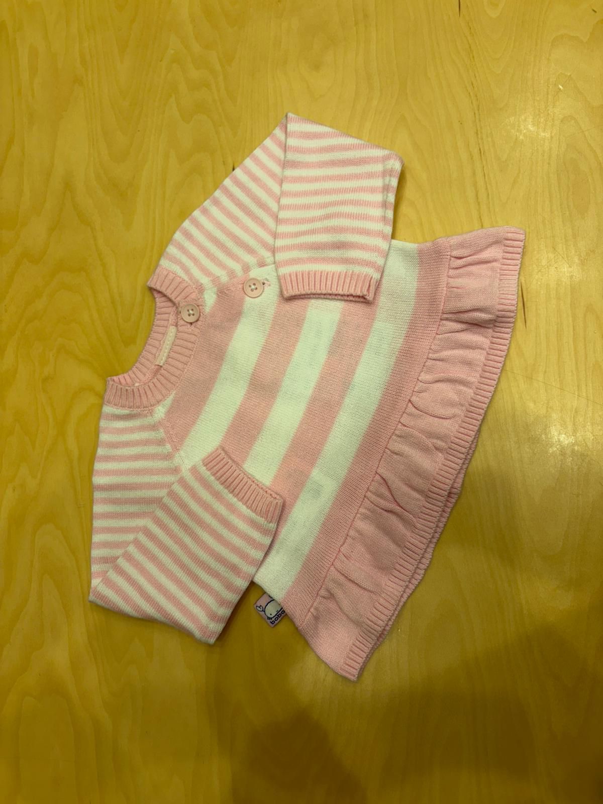 Maglioncino neonata rosa e bianco a righe con balza