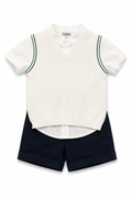 Coordinato Bebebò da neonato con camicia bianca, gilet in maglia panna con profili blu e verdi e pantaloncino corto blu navy