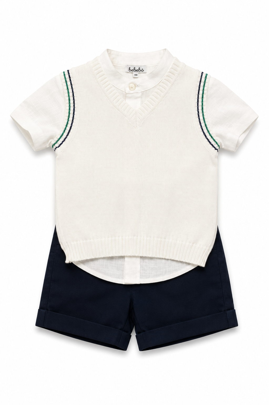 Coordinato Bebebò da neonato con camicia bianca, gilet in maglia panna con profili blu e verdi e pantaloncino corto blu navy