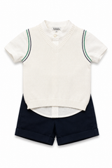 Coordinato Bebebò da neonato con camicia bianca, gilet in maglia panna con profili blu e verdi e pantaloncino corto blu navy