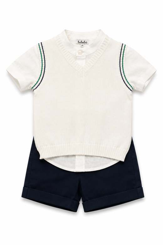 Coordinato Bebebò da neonato con camicia bianca, gilet in maglia panna con profili blu e verdi e pantaloncino corto blu navy