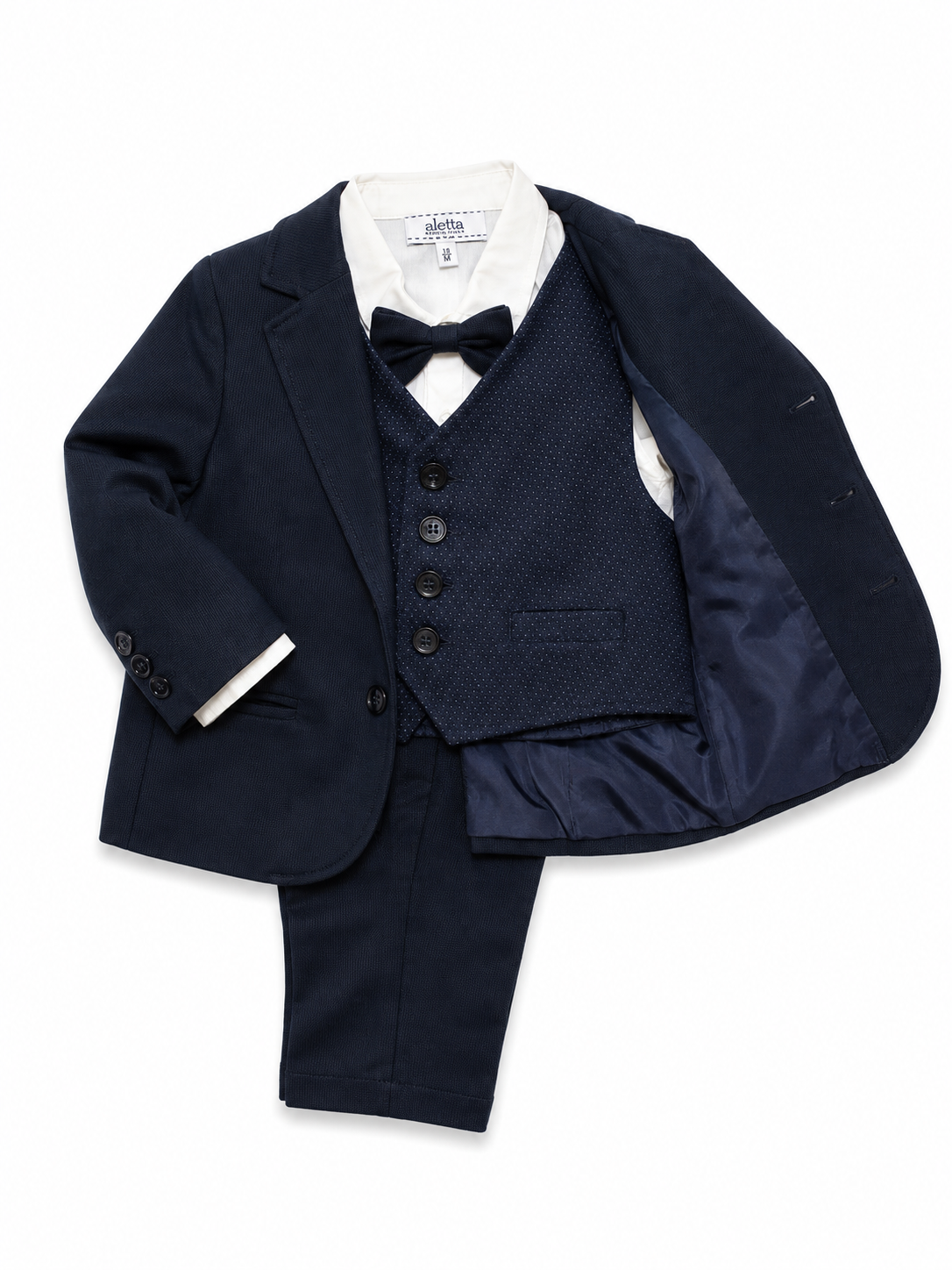 Completo elegante Aletta da bambino blu navy con giacca, gilet fantasia, camicia bianca, papillon e pantalone lungo