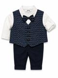 Completo Aletta da bambino blu navy con camicia bianca, gilet fantasia e papillon, disponibile con pantalone corto o con giacca e pantalone lungo