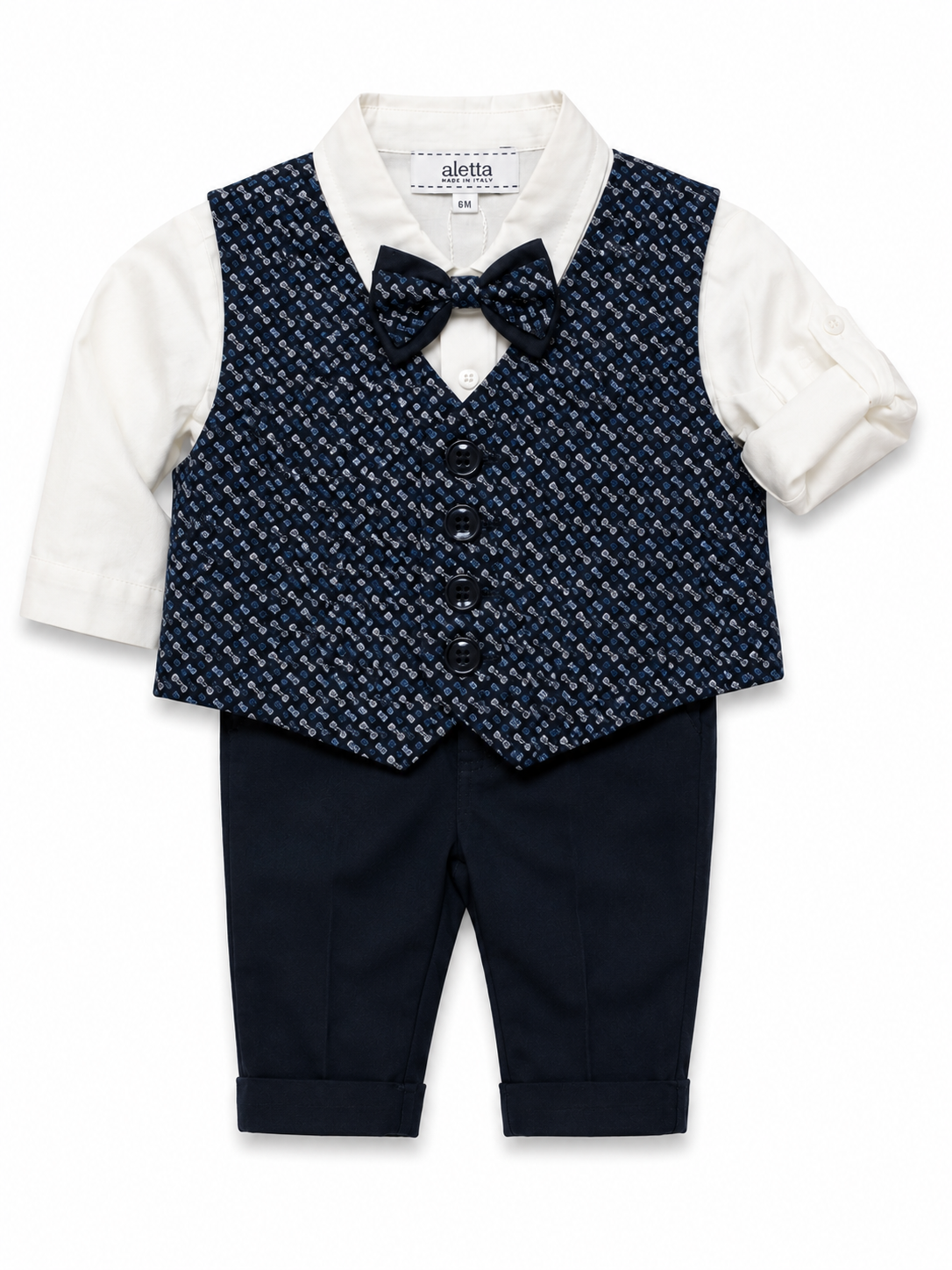 Completo Aletta da bambino blu navy con camicia bianca, gilet fantasia e papillon, disponibile con pantalone corto o con giacca e pantalone lungo