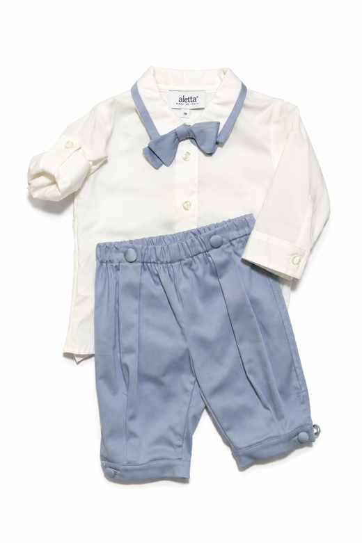Completo Aletta da neonato bianco e celeste con camicia a maniche lunghe, papillon e pantalone corto