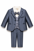 Completo cerimonia Bimbalò da bambino grigio blu con camicia avorio, gilet, papillon e pantalone, disponibile con o senza giacca