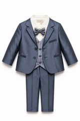 Completo cerimonia Bimbalò da bambino grigio blu con camicia avorio, gilet, papillon e pantalone, disponibile con o senza giacca