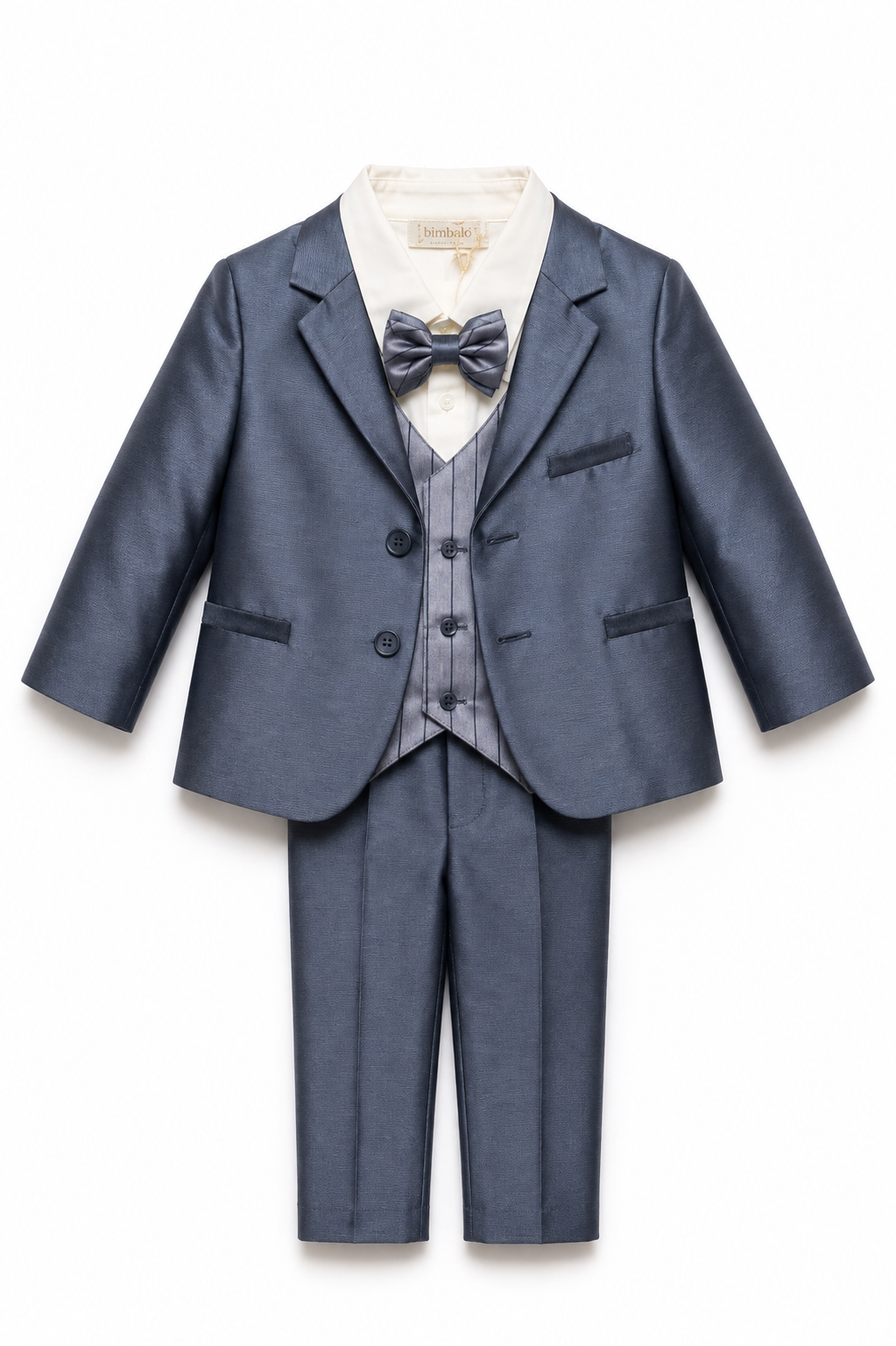 Completo cerimonia Bimbalò da bambino grigio blu con camicia avorio, gilet, papillon e pantalone, disponibile con o senza giacca