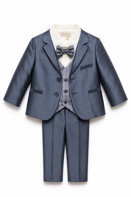 Completo cerimonia Bimbalò da bambino grigio blu con camicia avorio, gilet, papillon e pantalone, disponibile con o senza giacca