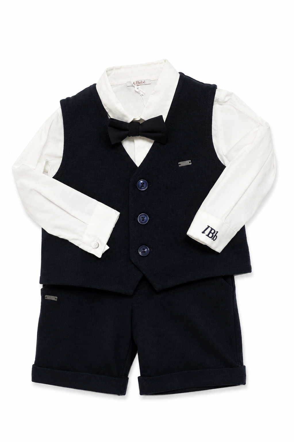 Completo Le Bebé da bambino bianco e blu navy con camicia, papillon e pantaloncino corto, disponibile con giacca o gilet