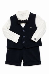 Completo Le Bebé da bambino bianco e blu navy con camicia, papillon e pantaloncino corto, disponibile con giacca o gilet