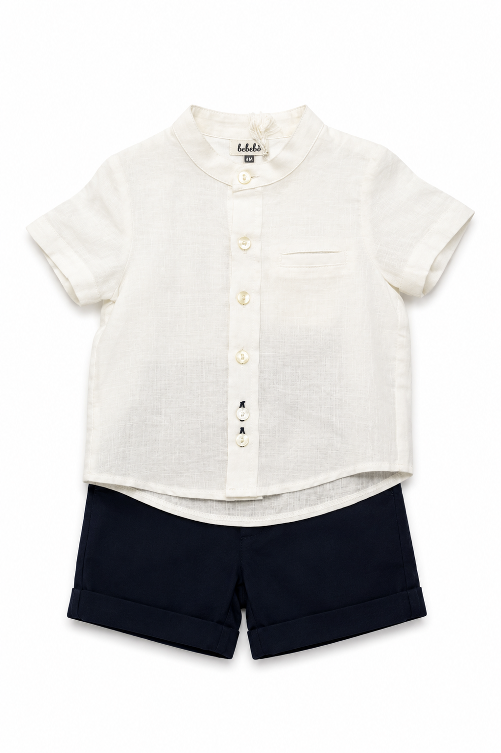 Coordinato Bebebò da neonato con camicia bianca in lino a maniche corte e pantaloncino corto blu navy